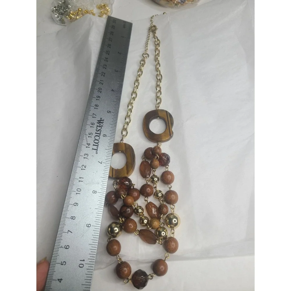 Boho Chic Triple Layered Tigers Eye and Wood Beaded Necklace  Gold Tone Accents